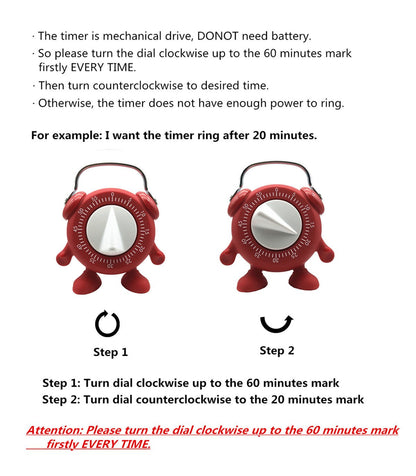 Kitchen Timer, 60 Minutes Countdown Cooking Teaching Egg Potty Training Wind Up Cute Timeout Timer No Battery （Red）