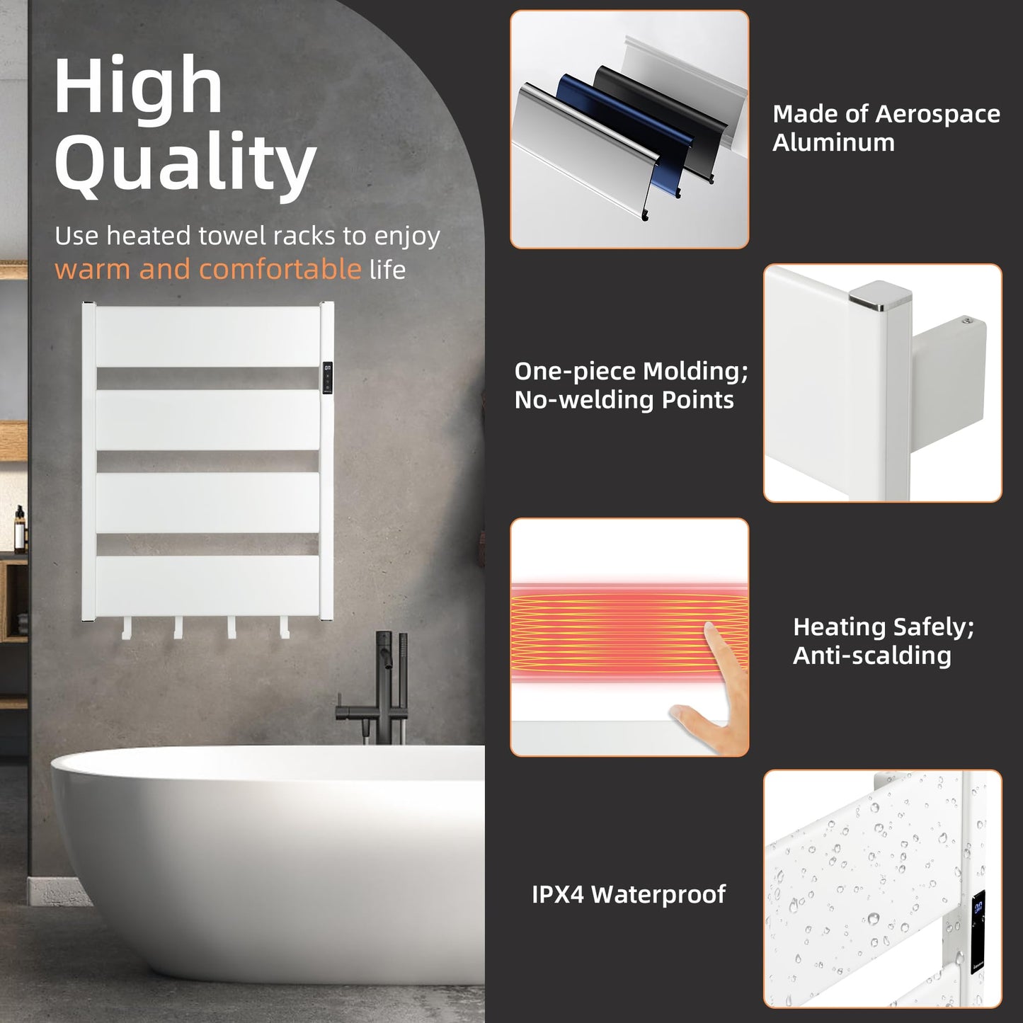 K&KALONZO Towel Warmer for Bathroom, Wall-Mounted Heated Towel Rack with Built-in Timer, Waterproof Alumnimum Electric Towel Heater, Support Plug-in and Hardwired, White, H4-W