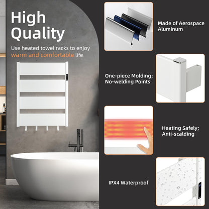 K&KALONZO Towel Warmer for Bathroom, Wall-Mounted Heated Towel Rack with Built-in Timer, Waterproof Alumnimum Electric Towel Heater, Support Plug-in and Hardwired, White, H4-W