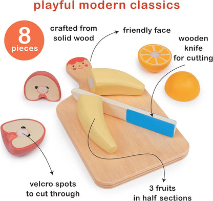 Smiley Fruit Chopping Board Toy Set - 8pc Wood Chopping Board with Play Knife & Choppable Fruits for Toddlers Age 2+