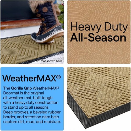 GORILLA GRIP Waterproof All-Season WeatherMAX Doormat - Natural Rubber, Stain & Fade Resistant, 29x17, Beige Diamond