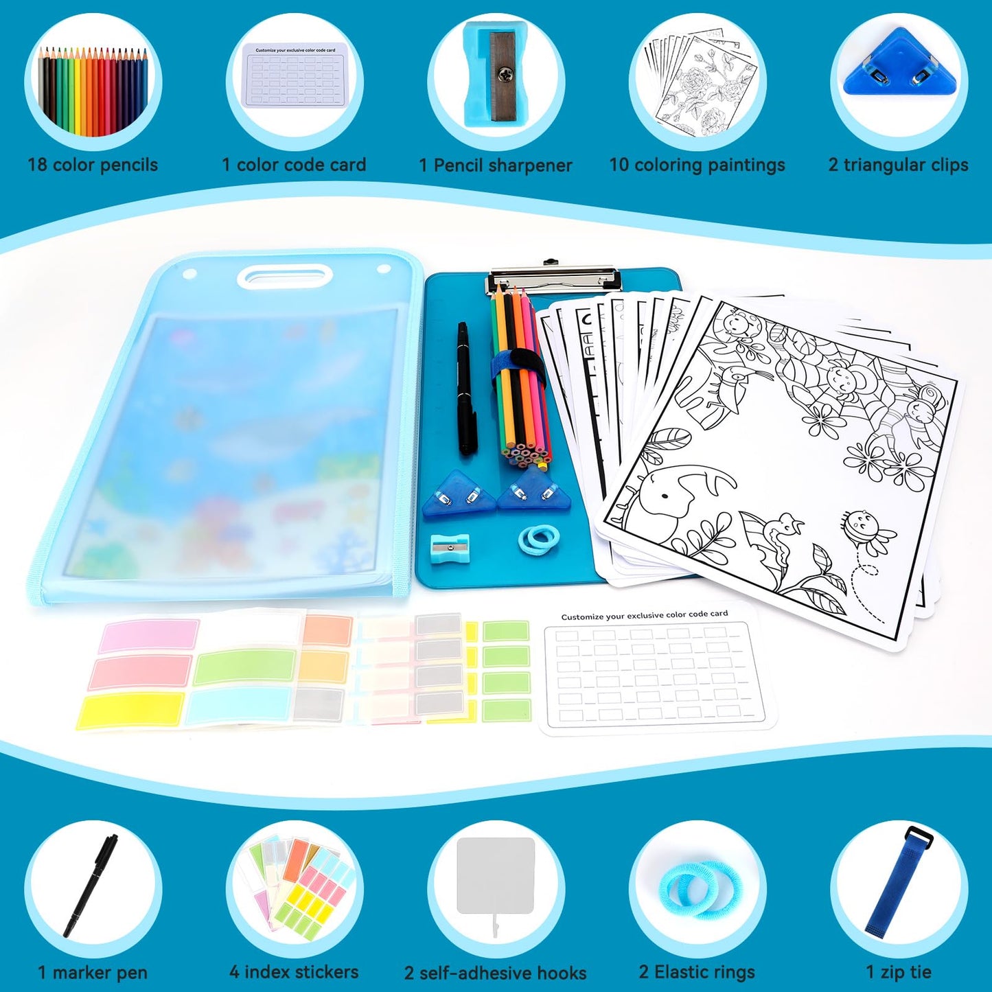 6uGooes Art Portfolio Bag for Kids, Art Folder with Handle, for A4 and 8.5" x 11" Artwork Drawing, with Clear Clipboard and Pencils,Creation Sets for Kids, Beginner, Travel Painting, Blue Theme