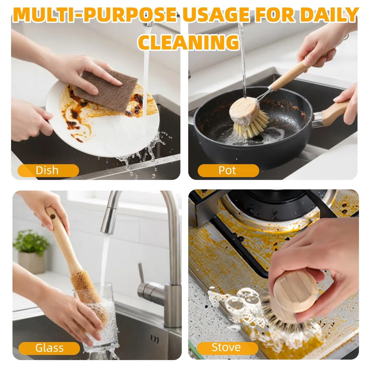 Natural Bamboo Dish Brush Set - 6 PCS Kitchen Cleaning Brush Kit with 4 Utensil Brushes and 2 Coconut Fiber Dish Sponges, for Cleaning Pots, Pans, Dishes, Bottles, Vegetables, and Fruits
