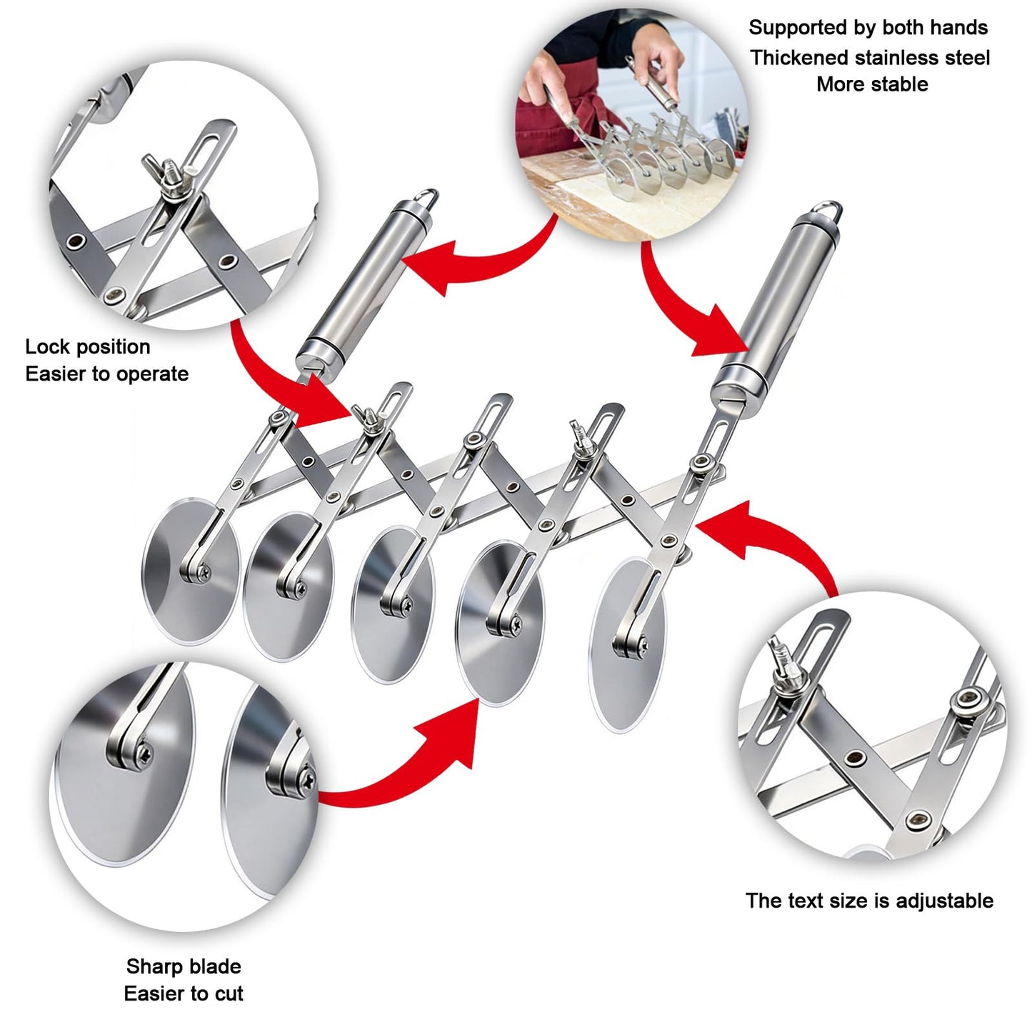 5-Wheel Pastry Cutter & Dough Divider - Adjustable Heavy Duty Stainless Steel Tool for Cinnamon Rolls, Brownies, Lattice, Pasta, Pizza | Achieve Perfect, Even Cuts Every Time