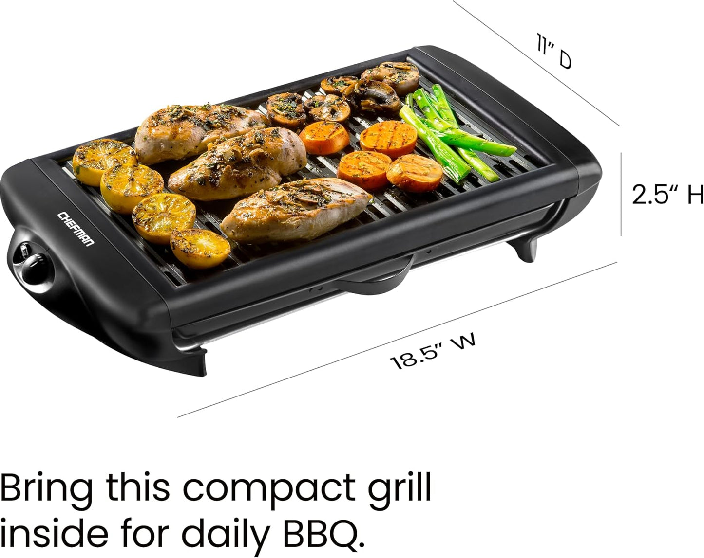 Chefman Electric Smokeless Indoor Grill, Non-Stick Cooking Surface & Adjustable Temperature Knob for BBQing, Black