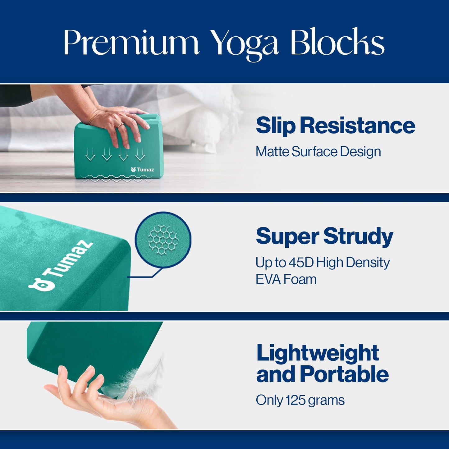 Tumaz Non-Slip Yoga Blocks 2-Pack - High Density/Lightweight EVA Foam & Natural Cork for Stability, Premium Set with E-Book Included