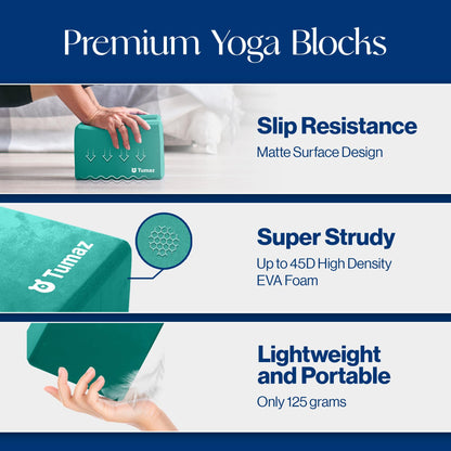 Tumaz Non-Slip Yoga Blocks 2-Pack - High Density/Lightweight EVA Foam & Natural Cork for Stability, Premium Set with E-Book Included