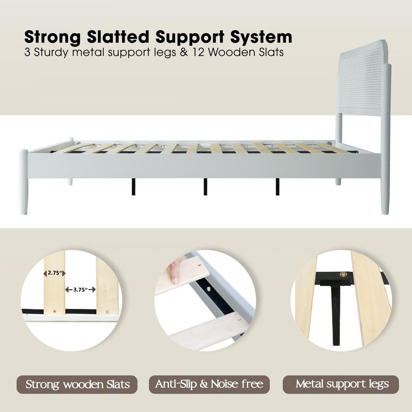King Size Frame Solid Wood Platform Bed, Headboard & Footboard, 12 Durable Slatted Base, Metal Legs, No Box Spring Needed, Anti-Slip & Noise-Free, Easy Assembly, Pure White Finish JMK-39