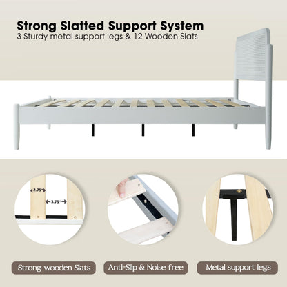 King Size Frame Solid Wood Platform Bed, Headboard & Footboard, 12 Durable Slatted Base, Metal Legs, No Box Spring Needed, Anti-Slip & Noise-Free, Easy Assembly, Pure White Finish JMK-39