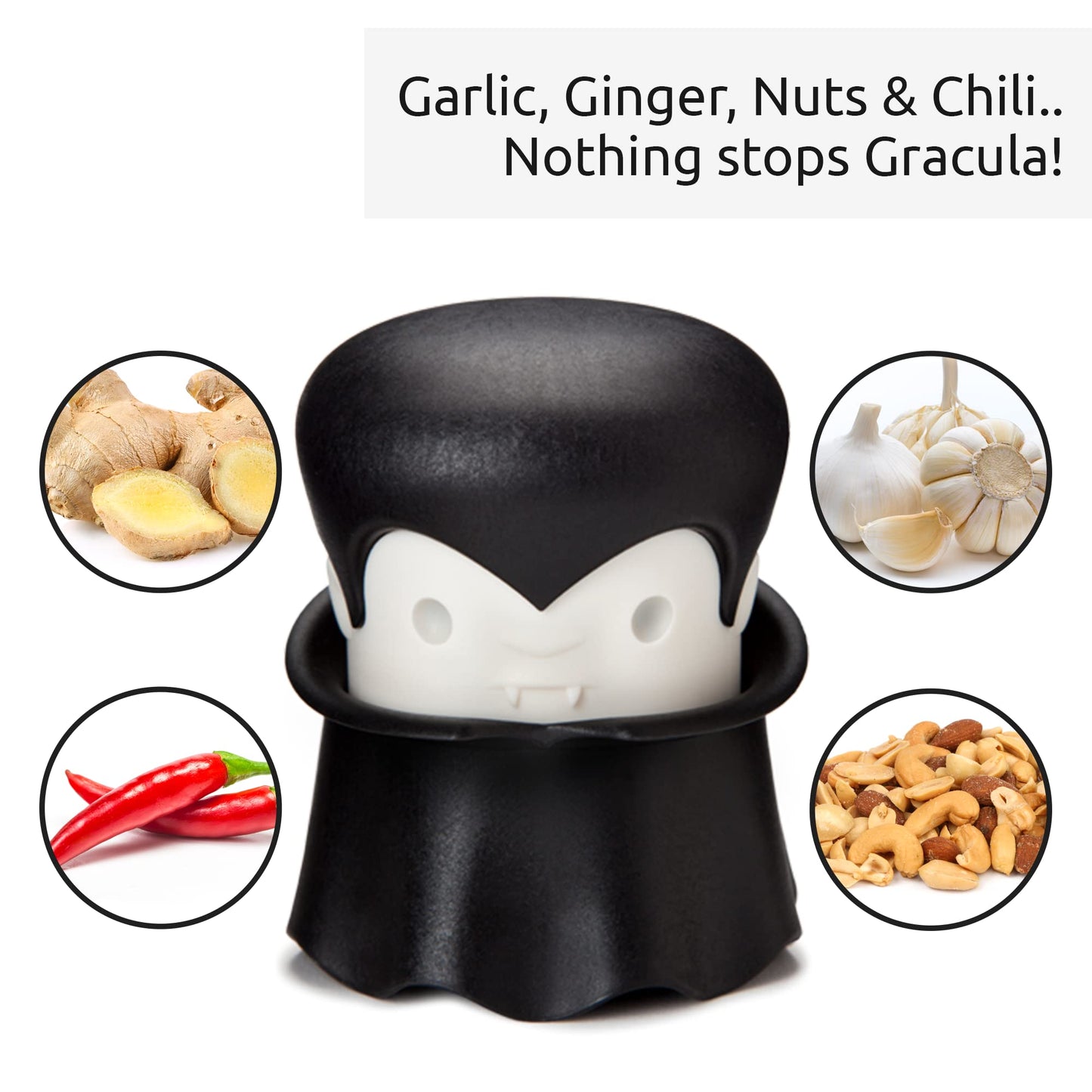 OTOTO Gracula Garlic Crusher, Garlic Mincer, Also for Ginger, Nuts, Chili, Herbs - Twist Top Mincer & Easy Squeeze Manual Press Peeler, Goth Gifts