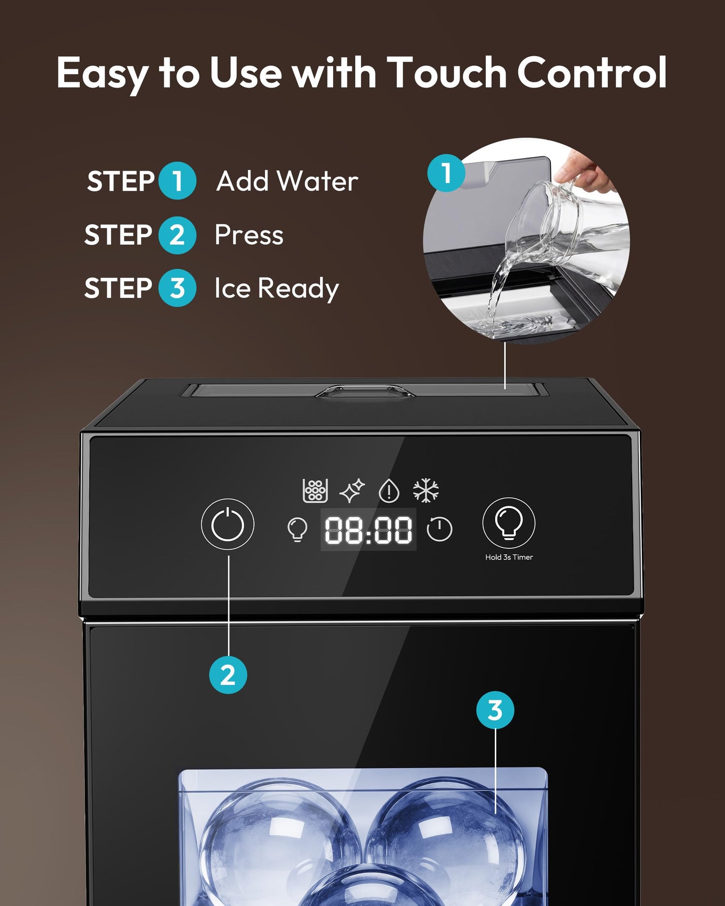 EUHOMY 2.4" Ice Ball Maker Countertop, 2Pcs Ready in 60Mins, 48Pcs/Day, 8H Timer, Self-Cleaning Sphere Ice Maker Machine with Crystal Clear Ice, Round Ice Cube Maker for Whiskey & Bourbon