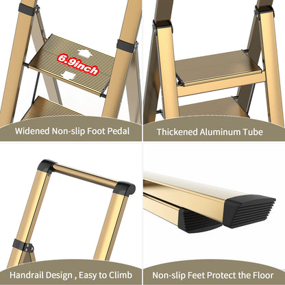 5 Step Ladder, Folding Step Stool, Lightweight Aluminum Foldable Ladder for 10 Foot High Ceiling with Anti-Slip Wide Sturdy Pedal and Handgrip, Multi-Use for Home (300 lbs Capacity) - Champagne Gold