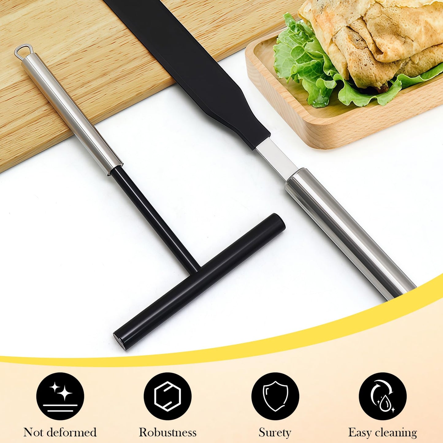 Crepe Spreader and Spatula Set - 2Pcs Stainless Steel T-Shaped Crepe Maker Tool with Nylon Handle, Even Thickness Distribution, Hanging Hole for Easy Storage for Baking and Cooking
