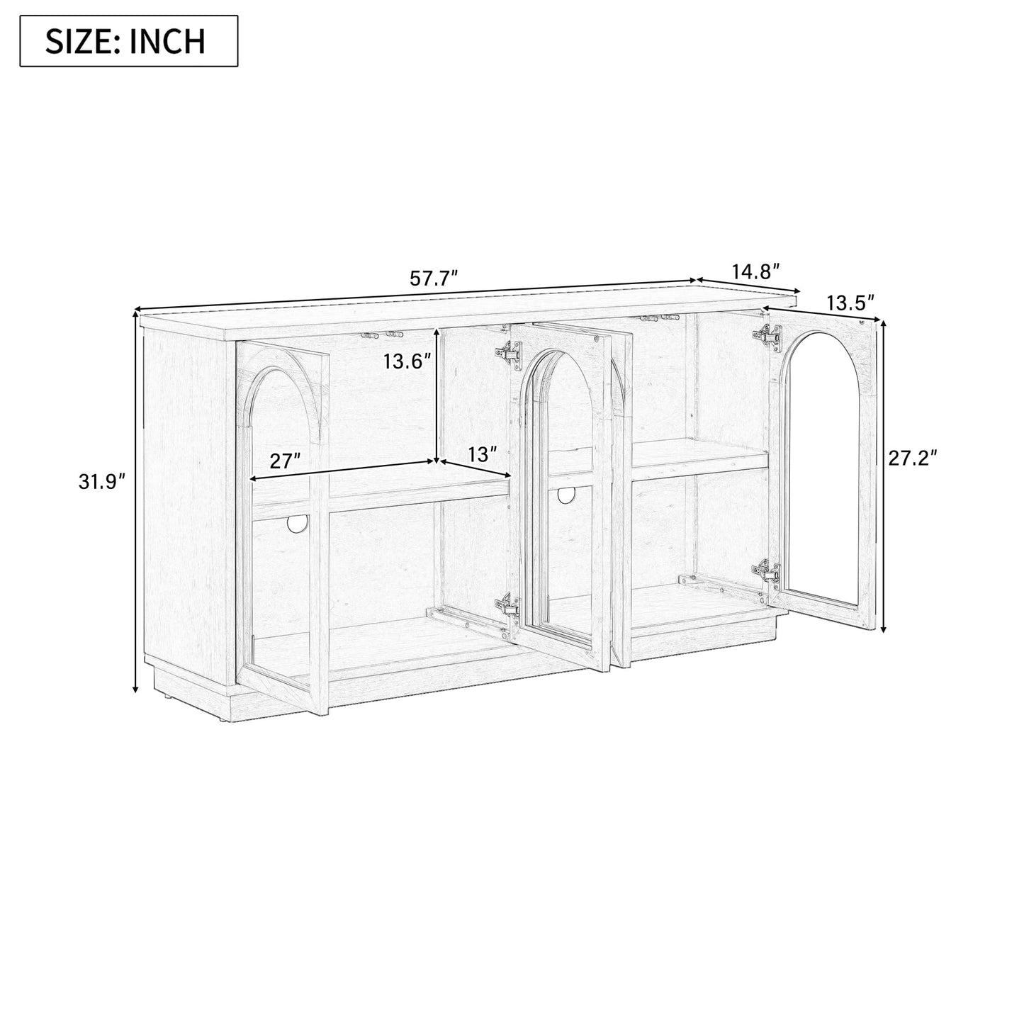Merax 4-Door Large Storage Buffet Cabinet with Arched Glass Doors and Adjustable Shelves for Kitchen, Dining Room and Living Room