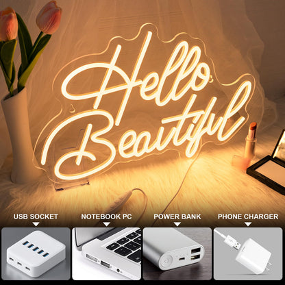 LooKLight Hello Beautiul Neon Sign,Warm White Neon Light Sign,Letters Wedding Neon Signs for Wall Decor,USB Powered Led Light Up Signs For Wedding Party Bedroom Birthday Beauty Salon