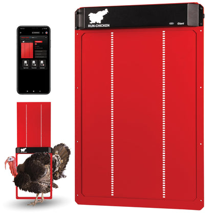 RUN-CHICKEN Door Giant – Large Automatic Poultry Coop Door for Ducks & Turkeys, Not for Chickens, Battery Powered/Solar Compatible, Heavy-Duty Aluminum, Predator Proof, Easy Install (Red)