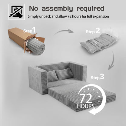 Welnow Double Convertible Sofa Bed with Multi-Function Triangle Ottoman, 59" Boneless 2-in-1 Foldable Loveseat Couch, Fold-Out Sleeper Lounge for Small Apartments, Dorms, Guest Rooms, Grey