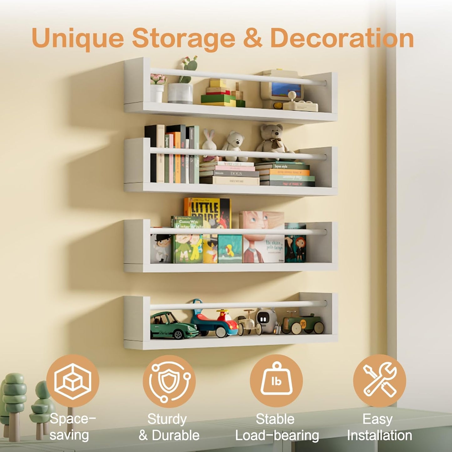 16.5" Set 4, Wall Book Shelves for Kids - Floating Nursery Book Shelves of White Wall Mounted Bookshelf for Kids Room