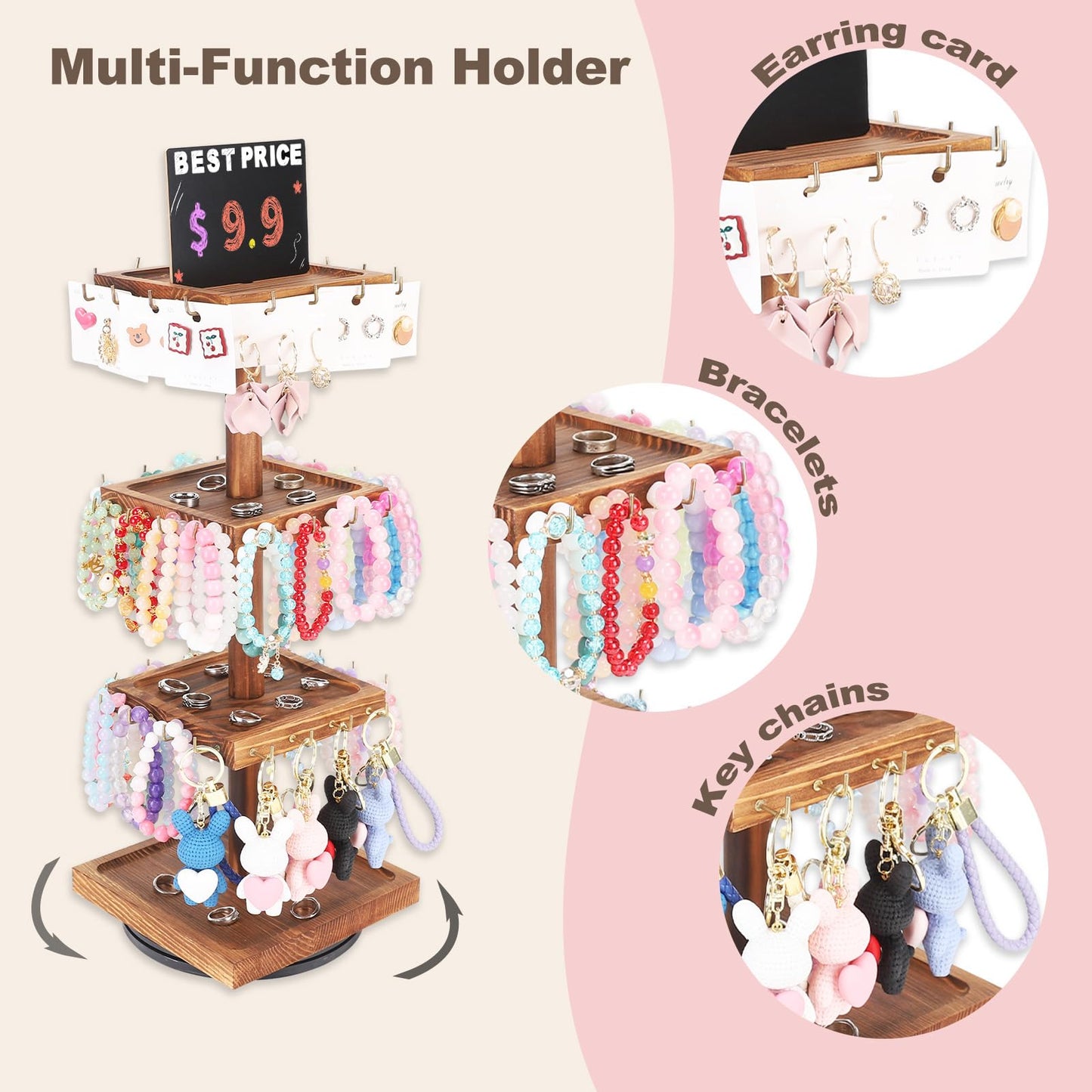 BDBDYEAY Bracelet Holder, 360° Rotating Jewelry Holder Organzier with Tray, Wooden Jewelry Tower with 48 Hooks, 4-Tier Large Capacity Jewelry Display Stand for Vendors Sell Bracelet Keychain Earring