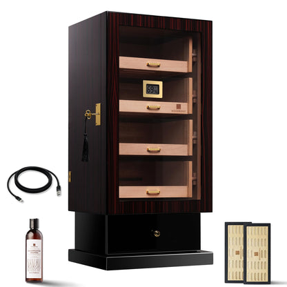 Woodronic Cigar Cabinet Humidor for 200-250 Cigars with Accessory Drawer, Crystal Humidifiers, USB Cables for Electric Humidifiers, Lock & Keys and Spanish Cedar Lining, Home & Commercial Display