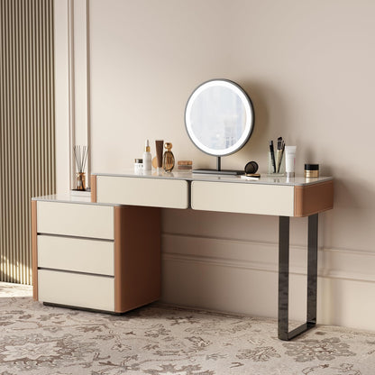 Lartis Faux Leather Makeup Vanity Desk Set with LED Lighted Mirror Luxury Dressing Makeup Table with Storage Drawers & Vanity Stool, Vanities (Brown/Gray)