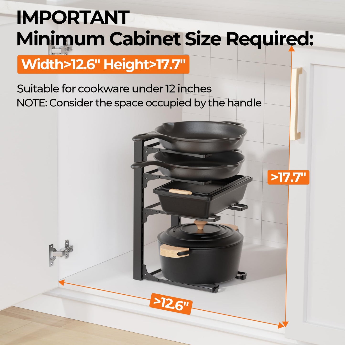 MUDEELA Pots and Pans Organizer under Cabinet 15.75" Tall, 4-Tier Heavy Duty Pan Organizers inside Cabinet Kitchen Storage, Adjustable Pot Rack Holds up to 44 LB Cast Iron Skillets Shallow Cookware
