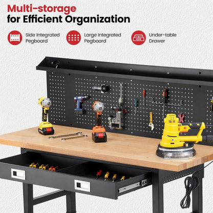 ENJOYWOOD Work Bench with Wheels 60 x 22 Inch Heavy Duty Rubberwood Tabletop Work Table Adjustable Height Garage Workbench with LED, Drawers, Pegboard, Power Outlets for Woodworking Shop, Home, Office