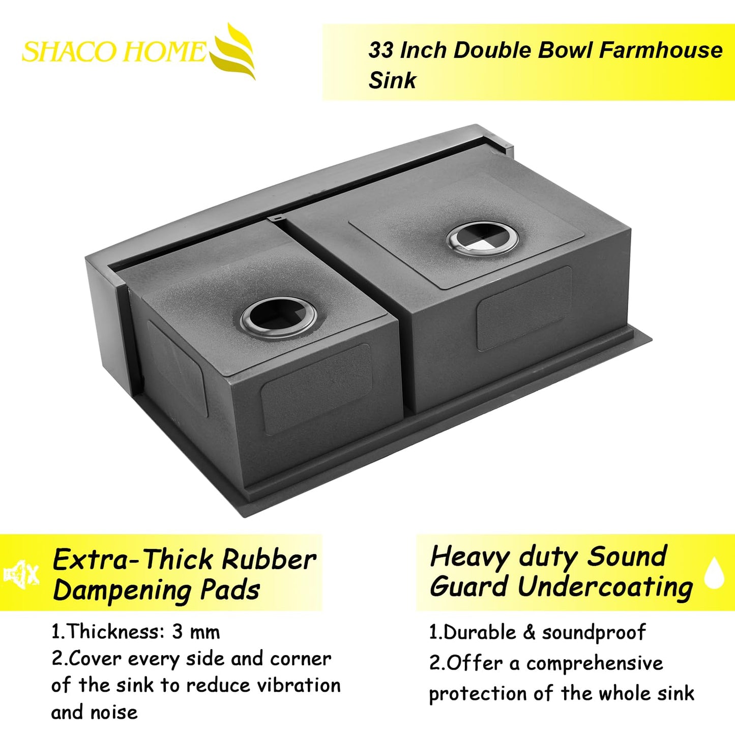 SHACO Double Bowl 60/40 Black Farmhouse Sink, 33x22 Inch Stainless Steel Apron Front Divided Double Basin Farmhouse Kitchen Sink, Gunmetal Black Farm Workstation Sink