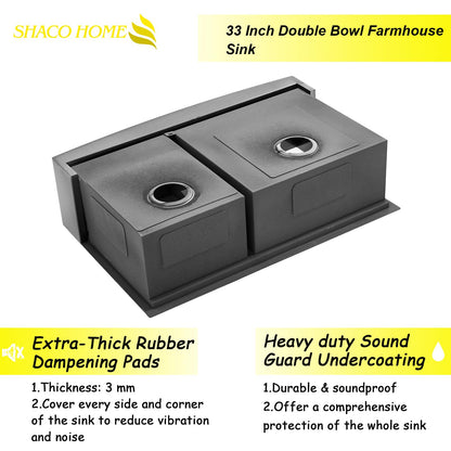 SHACO Double Bowl 60/40 Black Farmhouse Sink, 33x22 Inch Stainless Steel Apron Front Divided Double Basin Farmhouse Kitchen Sink, Gunmetal Black Farm Workstation Sink