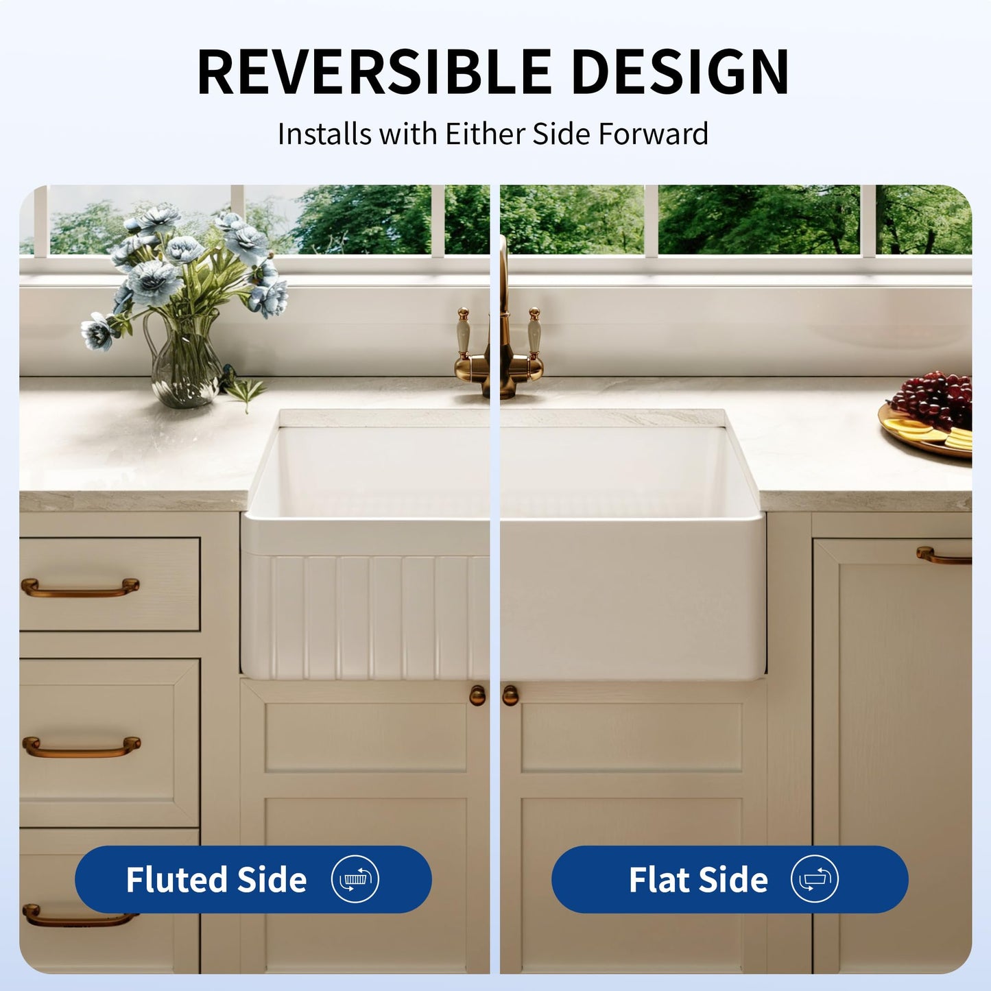 DeerValley White Farmhouse Sink 33 inch, Fireclay Apron Front Farm Kitchen Sink, Single Bowl Deep Drop-in Undermount Reversible Sinks with Grid & Strainer