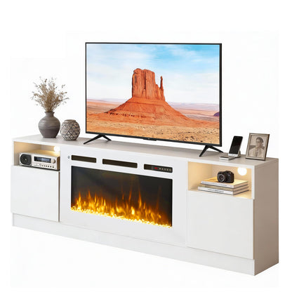 OneBlis 70" Fireplace TV Stand, LED Light Entertainment Center for TVs Up to 80", High-Gloss Door, Modern TV Console for Living Room with Storage Cabinet, White+White