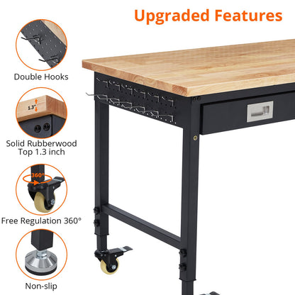 ACONEE Adjustable Height Workbench, 48" Heavy Duty 2000 LB Load Capacity, Solid Rubber Wood Top, Sturdy Metal Frame, Workstation with Drawer & 4 Rolling Casters, Power Outlets for Garage Workshop