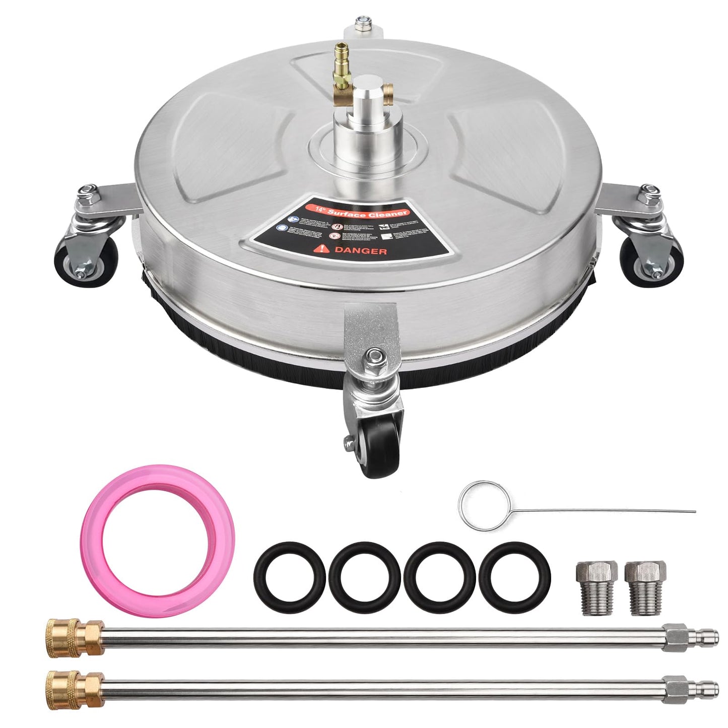 TRELVEX 14 Inches Pressure Washer Surface Cleaner Stainless Steel Housing Power Washer Accessory with 4 Wheels 1/4 Inch Quick Connector 2 ExWand Attachments 4000 PSI for Cleaning Driveways Sid