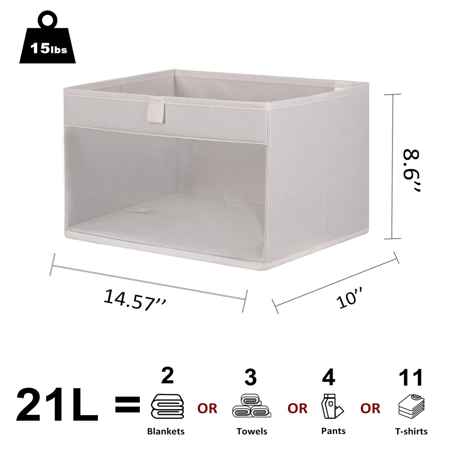 WUIKE Closet Storage Bins, Fabric Organizer Baskets with Clear Window and Handles, Foldable Storage for Shelves, Beige, Large, 3-Pack