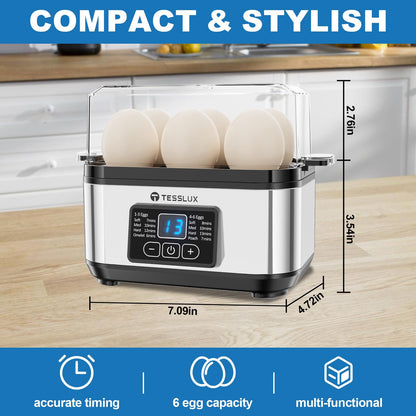Tesslux Electric Rapid Egg Cooker, 6 Egg Capacity for Hard Boiled Eggs, Poached Eggs, Scrambled Eggs, or Omelets Maker with Auto Shut Off (Sliver)