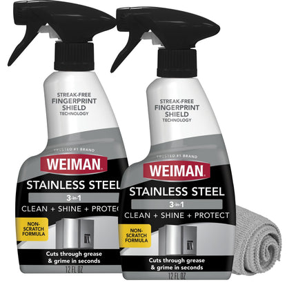 Weiman Stainless Steel Cleaner & Polish, 2 Pack, Anti Fingerprint Spray Stainless Steel Cloth, Water Spots & Grease, No Streaks or Residue, Safe for Metal Polish, Chrome, Appliances, Sinks & Grills