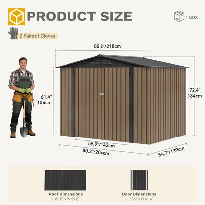 DWVO 7x5ft Metal Outdoor Storage Shed, Waterproof Tool Shed Heavy-Duty Storage Unit with Lockable Door and Vents, Ideal for Bicycles, Tools, Lawnmowers, Backyards, Patios, Lawns - Brown