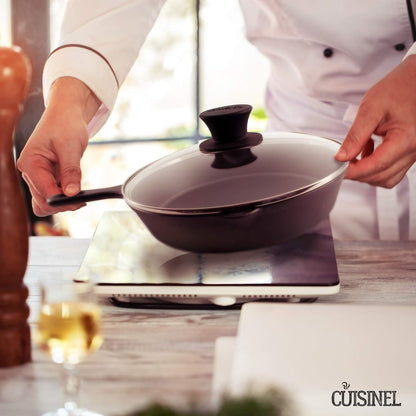 Cuisinel Cast Iron Skillet with Lid - 8" Frying Pan + Glass Cover + Silicone Grip Handle for Indoor/Outdoor Use