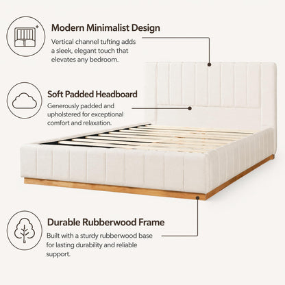 FammyLoft King Size Bed Frame, Elegant Striped Fabric Upholstered Bed Frame, Minimalist Bed Frame with Padded Headboard, 800 lbs Support, Modern King Bedroom Furniture,Beige