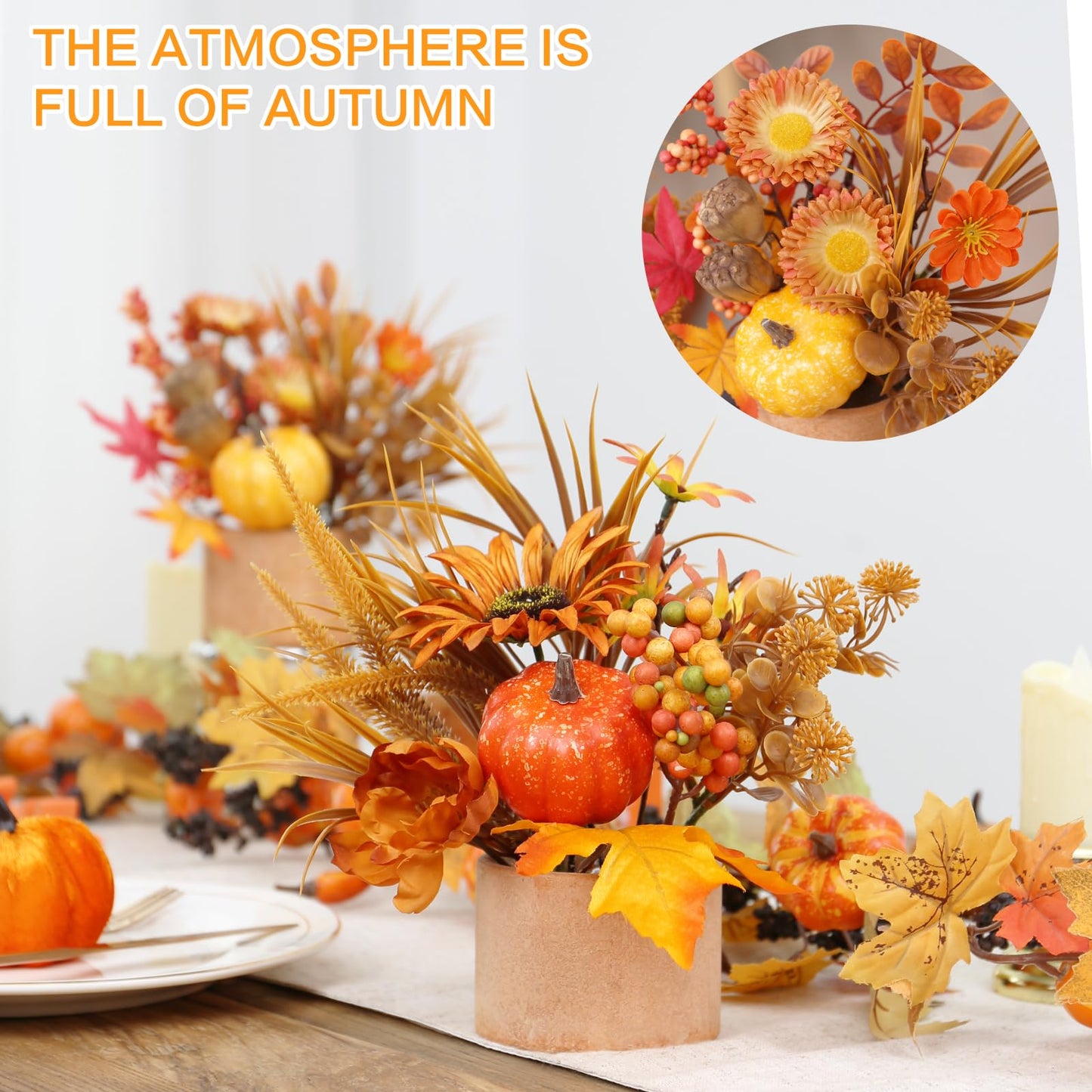 YINGQIWISH 2PCS Fall Decor, Artificial Maple Leaves Pumpkin Berry Table Decorations, for Home Autumn Harvest Halloween Thanksgiving Holiday Party Table Centerpieces Fireplace Decor.
