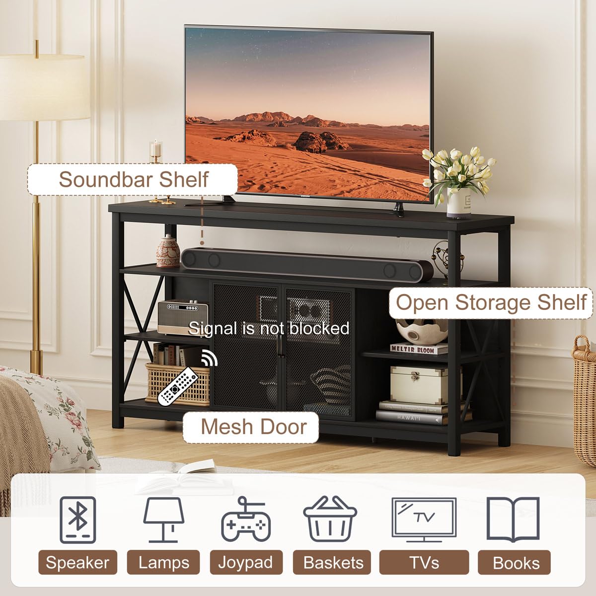 BON AUGURE Tall TV Stand for TVs up to 65 Inch, Industrial Wood Entertainment Center with Storage Cabinet, Modern TV Media Console for Living Room and Bedroom (32 Inch High, Black Oak)