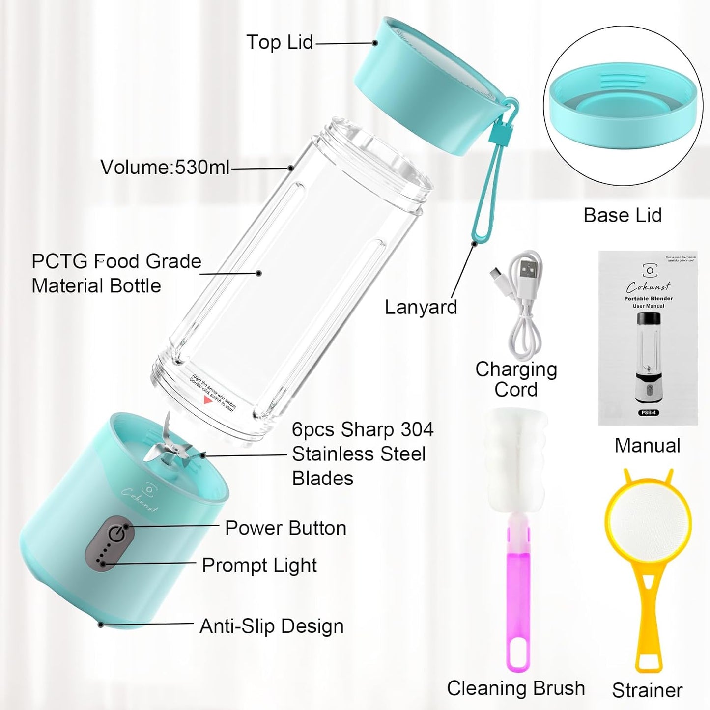 COKUNST 18oz Portable Blender, USB Rechargeable Personal Size Smoothie Blender with 6 Blades