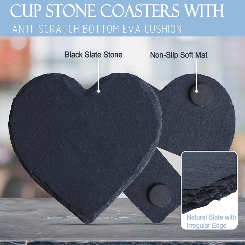 Black Heart Nature Stone Coasters Absorbent,Boho Cute Drink Coasters Set of 2, Anti-Scratch Furniture Table Desk Coaster, Cup Mats for Office Bar Kitchen Home Dorm Décor, Protect Wood Grass Surfaces
