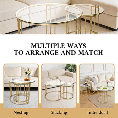 BEGINS Nesting Coffee Table Set of 2, 23.6" Round Coffee Table, Hand Forged Vintage Gold Center Table with Glass Top for Living Room, Bedroom, Balcony