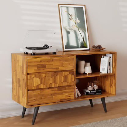 Bme Georgina 45 Inch Solid Wood TV Stand, Under 10 Minutes Assembly Entertainment Center with Storage, Geometric Pattern TV Console for Living Room, Bedroom, Dinning Room - Teak Brown