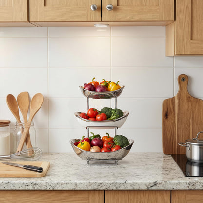 Goaste 3 Tier Ceramic Fruit Bowl, Oval Tiered Serving Bowl Set, Porcelain Fruit Basket with Metal Stand, Large Detachable Fruit Storage Holder Rack for Kitchen Counter, Vegetable, Cake, Dessert, Salad