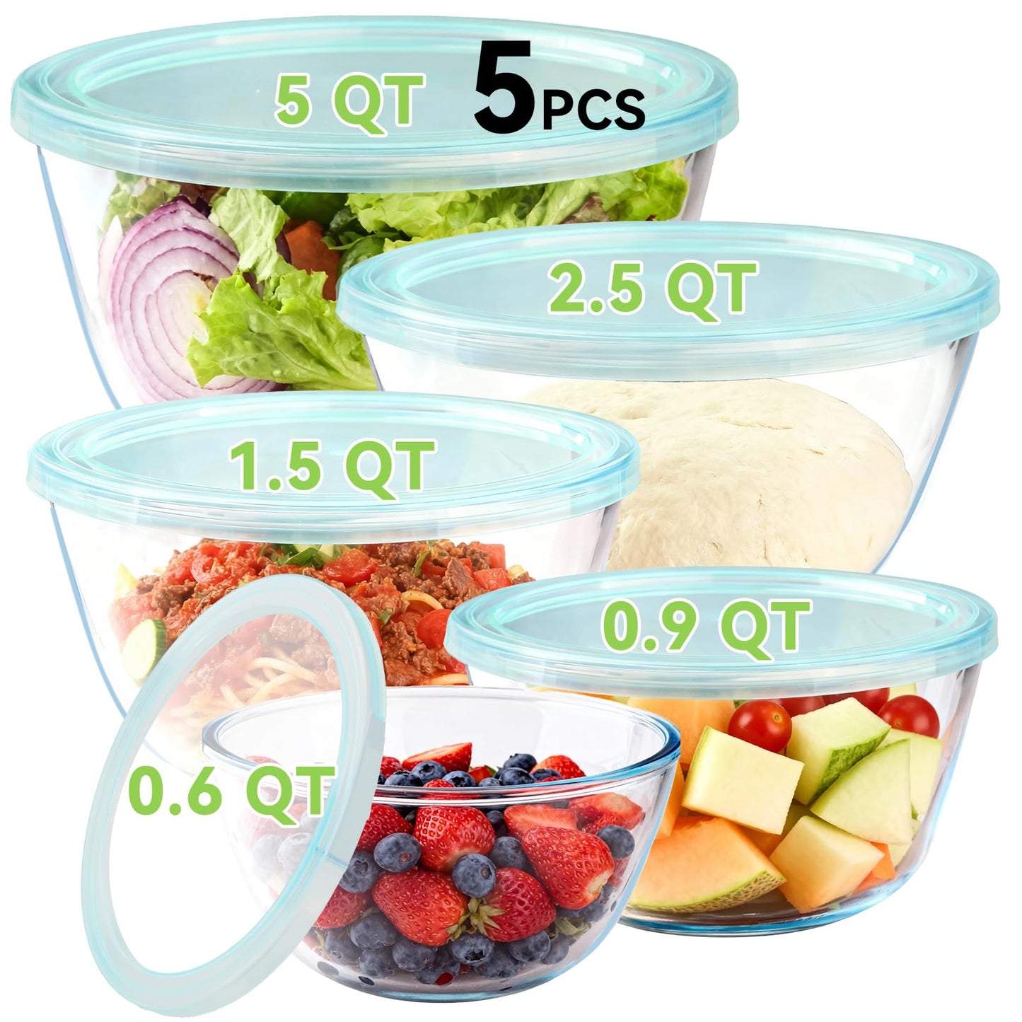 YUANYE 5 Pack Glass Mixing Bowls with Lids Set (5/2.5/1.5/0.9/0.6QT), Thick Glass Large Salad Bowl Set, Nesting Kitchen Bowls for Serving, Prepping, Cooking and Baking, Dishwasher,Oven,Microwave Safe