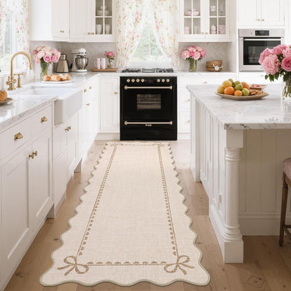 2.5x8 GarveeHome Scalloped Bow Rug for Living Room, Solid Beige Rug for Dorm, Washable Runner Rug Soft Low Pile Non