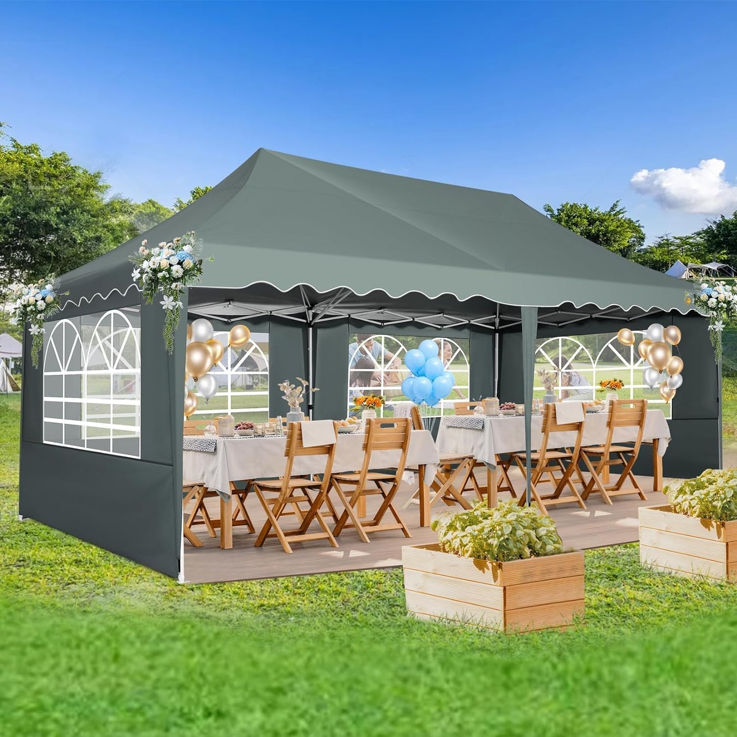 HOTEEL 10x20 Pop up Canopy Tent with 6 sidewalls Easy Up Commercial Outdoor Wedding Party Tents for Parties All Season Wind & Waterproof Gazebo Roller Bag, Gray
