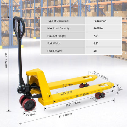 Fworkleft Manual Pallet Jack 4,400 LBS Capacity, 48" x 21" Heavy Duty Pallet Truck with Nylon Wheels, Industrial Hand Pallet Jack for Warehouse, Factory & Material Handling